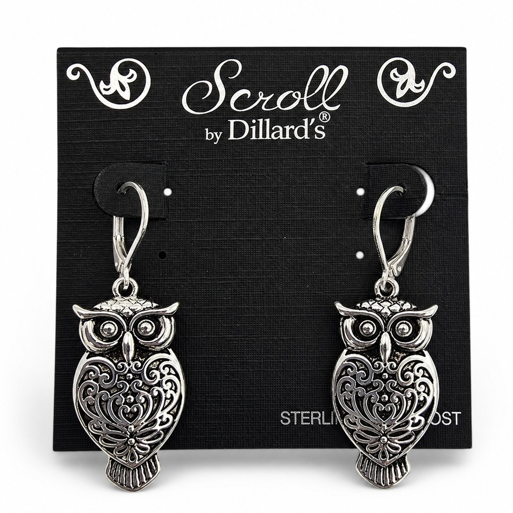 Scroll by Dillard's Owl Dangle Earrings Silver Tone Filigree Leverback Sterling